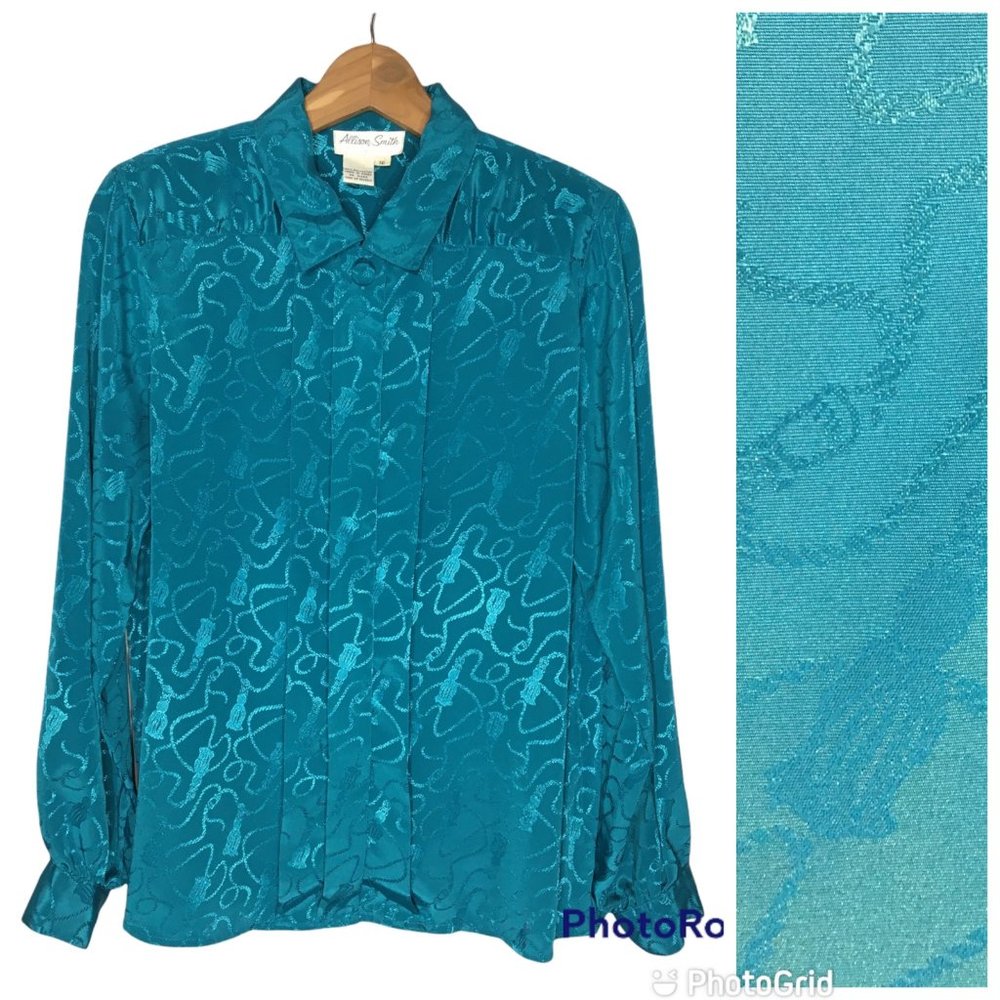 Vintage 80s 90s Teal Professional Blouse, Silky Shimmery Blouse, Long Sleeve -12